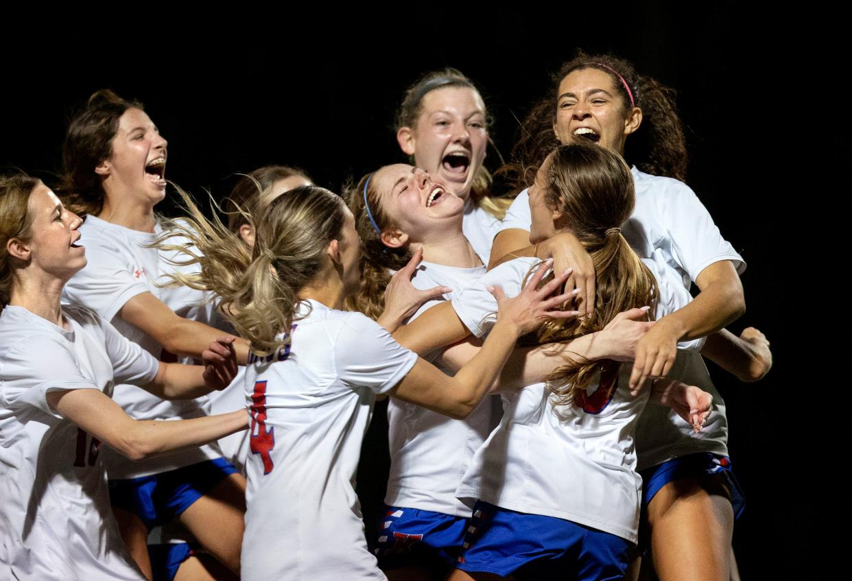 King's Academy celebrates their playoff soccer game victory over The Benjamin School on February 9, 2024 Palm Beach Gardens, Florida.