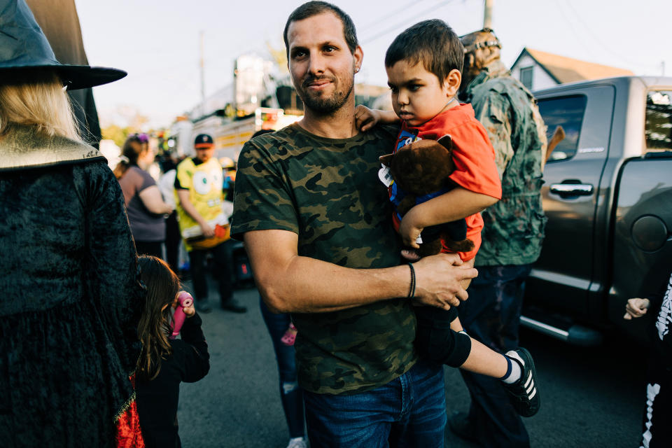 A Canadian community threw a Halloween celebration for 5-year-old Alexandros Hurdakis, pictured here with his father, Nick. (Courtesy of Nick Parry)