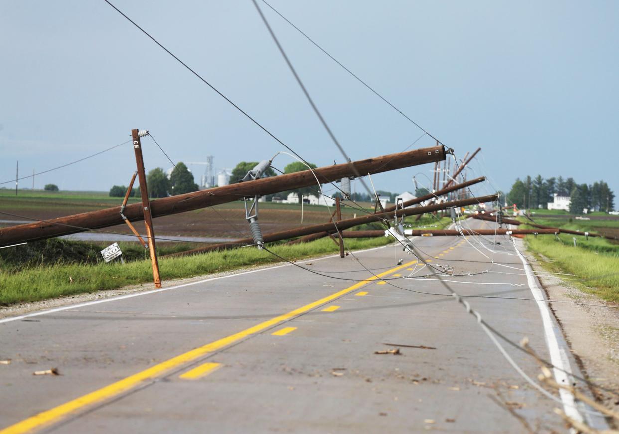 Power lines down after tornado touched down in the east side of Nevada, Iowa on Tuesday, May 21, 2024.