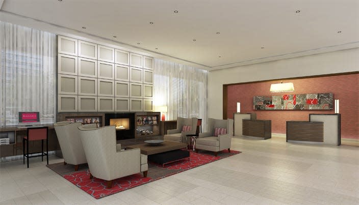 The Super 8 Hotel on Arsenal Road in York's Route 30 corridor is rebranding as a Ramada Inn, with extensive renovations. This image shows planned interior lobby renovations.