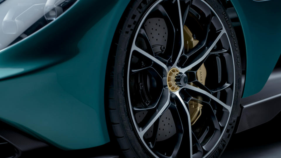 A closer look at one of the 20-inch front wheels dressed in a Michelin tire unique to the Valhalla. - Credit: Photo by Dominic Fraser, courtesy of Aston Martin Lagonda Global Holdings PLC.