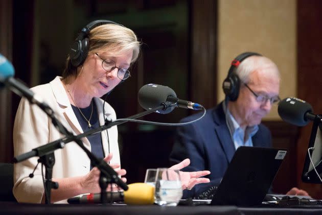 BBC Radio 4 Today presenters Sarah Montague and John Humphrys broadcast today's Today programme at Wigmore Hall in central London as the BBC Radio 4 Today programme celebrates its 60th anniversary. (Photo by Rick Findler/PA Images via Getty Images)