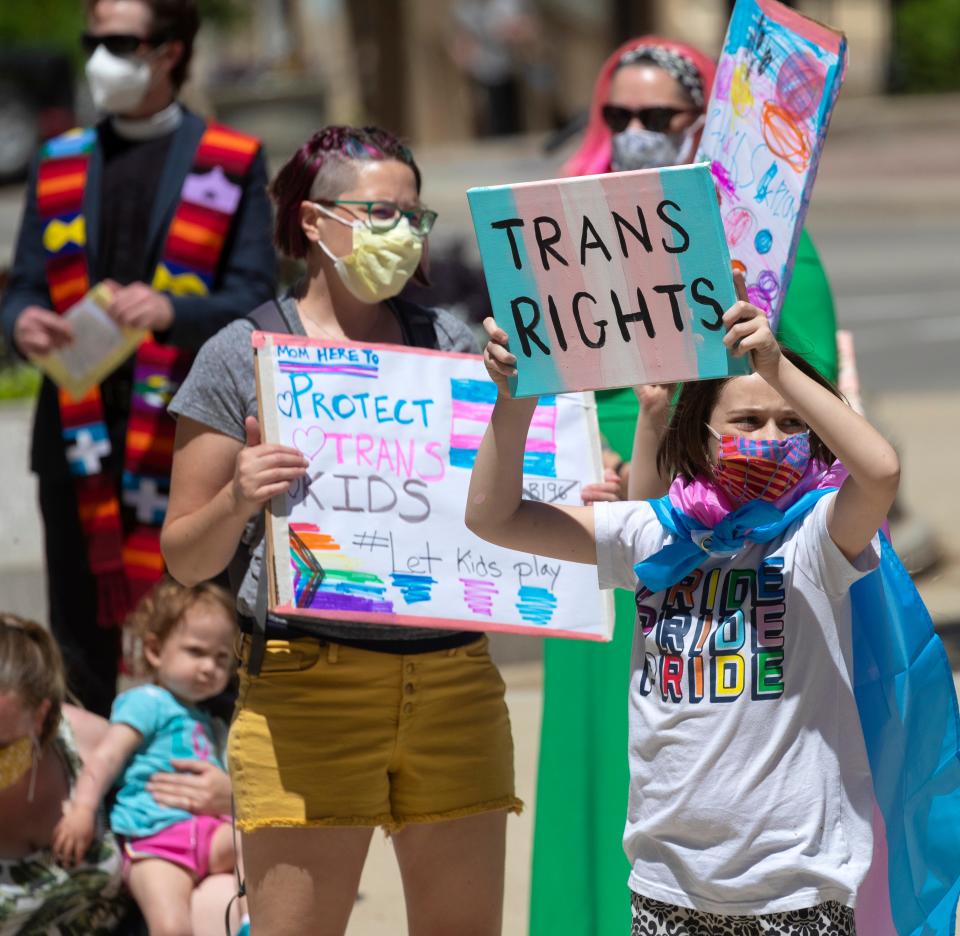 Rally for transgender rights in 2021 at the Capitol in Madison, Wis.