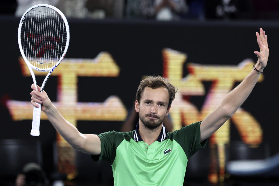 Daniil Medvedev of Russia celebrates after defeating Alexander Zverev of Germany in their semifinal at the Australian Open tennis championships at Melbourne Park, Melbourne, Australia, early Saturday, Jan. 27, 2024. (AP Photo/Asanka Brendon Ratnayake)