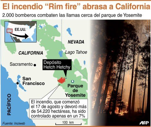 Localización del gigantesco incendio «Rim fire» que abrasa el estado de California (AFP | ls/vb)