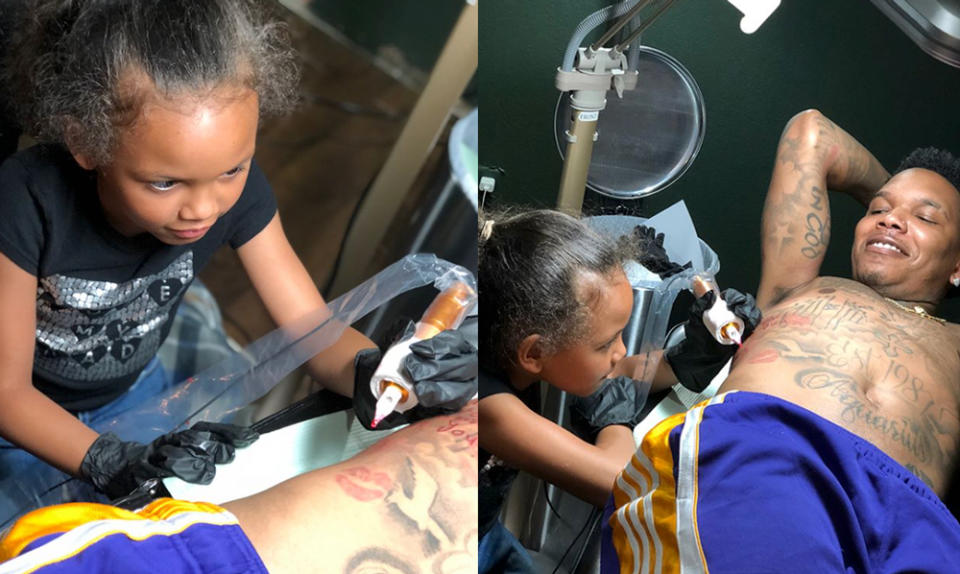 Asia, 7, signed her dad’s tattoo. (Photo: Instagram/icemikeloveasia)