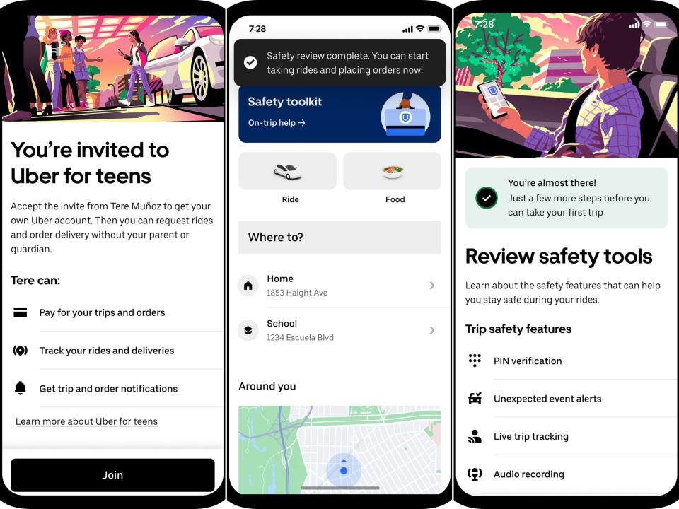 composite image of three screenshots of teen accounts on Uber