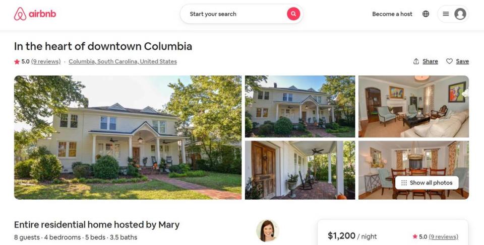 This screenshot shows an AirBnB rental in the Columbia area.