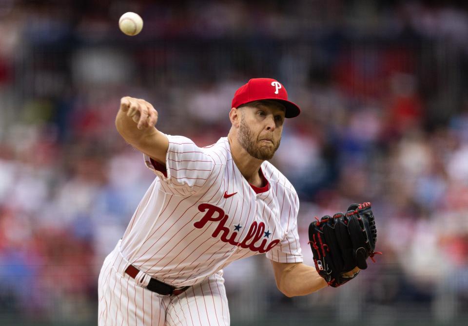 Apr 7, 2023; Philadelphia, Pennsylvania, USA; Philadelphia Phillies starting pitcher Zack Wheeler (45) throws a pitch during the second inning against the Cincinnati Reds at Citizens Bank Park. Mandatory Credit: Bill Streicher-USA TODAY Sports