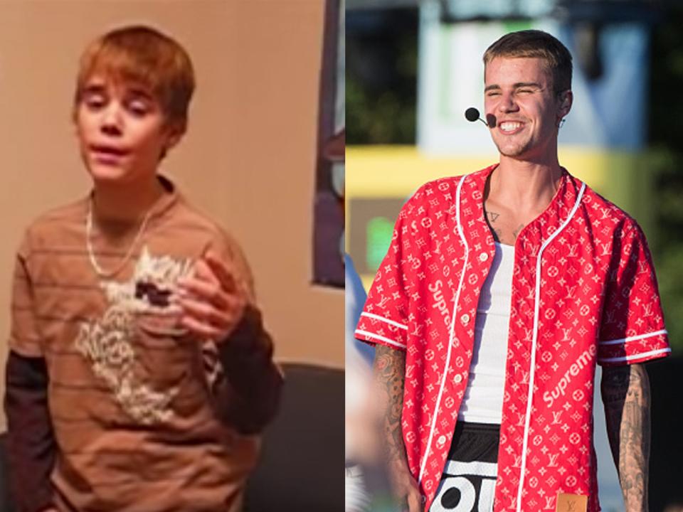 A young Justin Bieber performing "With You" on his YouTube channel, and Bieber performing in 2017.