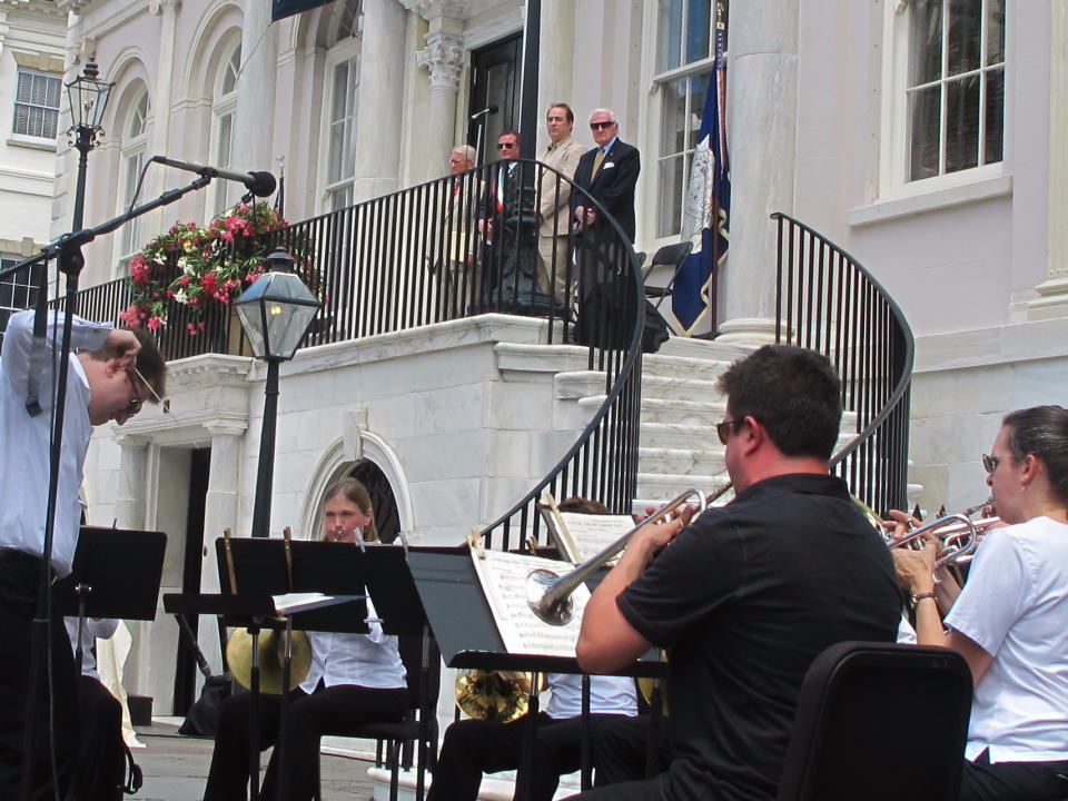 Brass players from the Charleston Symphony Orchestra perform during the opening ceremonies of the Spoleto Festival USA in Charleston, S.C., on Friday, May 25, 2012. The internationally known arts festival was opening its 36th season. (AP Photo/Bruce Smith)