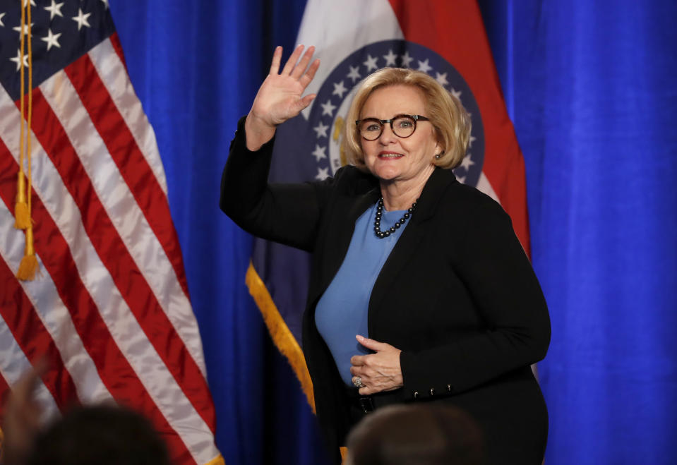 FILE - In this Nov. 6, 2018 file photo, Sen. Claire McCaskill, D-Mo., steps on stage to deliver a concession speech in St. Louis. The two-term senator from Missouri lost her seat in the 2018 midterm election but is now making waves as a plainspoken analyst for NBC News. (AP Photo/Jeff Roberson, File)