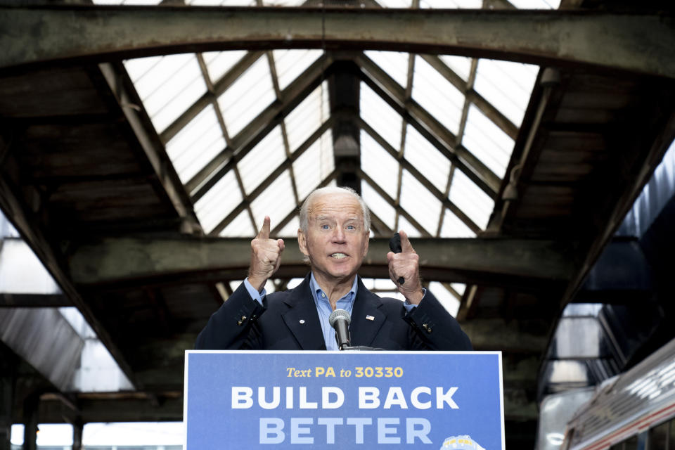 Democratic presidential candidate former Vice President Joe Biden speaks at Amtrak's Pittsburgh Train Station, Wednesday, Sept. 30, 2020, in Pittsburgh. Biden is on a train tour through Ohio and Pennsylvania today. (AP Photo/Andrew Harnik)