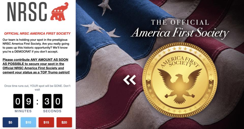 A screengrab of the America First Society membership offered by the National Republican Senatorial Campaign Committee.