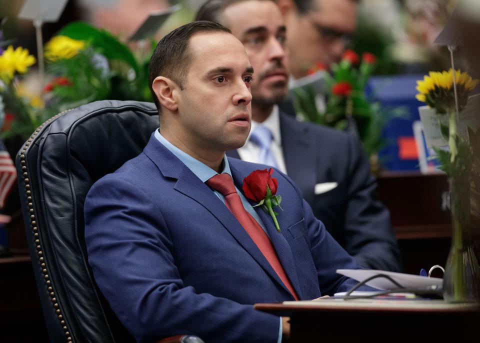 Rep. Bryan Avila listens as Speaker of the House Chris Sprowls presents his opening remarks to the Florida House of Representatives on Jan. 11.