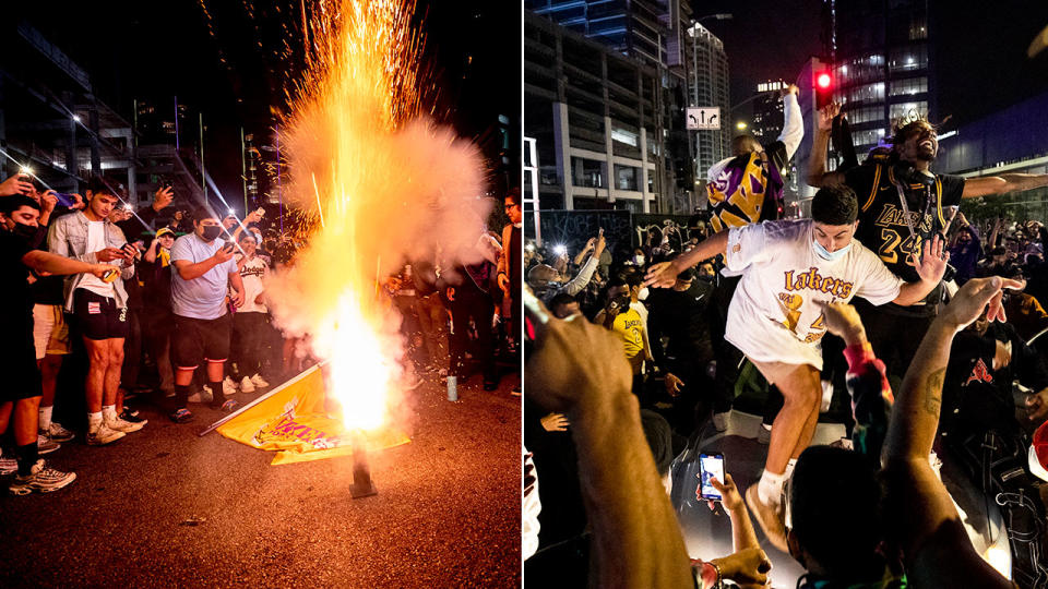 Lakers fans can be seeing here lighting fires and dancing on cars in celebration.