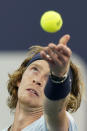 Andrey Rublev, of Russia, serves to Hubert Hurkacz, of Poland, during the Miami Open tennis tournament Friday, April 2, 2021, in Miami Gardens, Fla. (AP Photo/Wilfredo Lee)