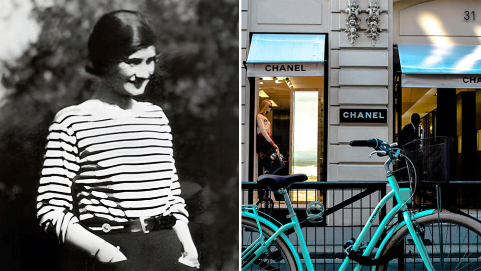 Left to right: Vintage photo of Coco Chanel; Chanel boutique at 31 Rue Cambon