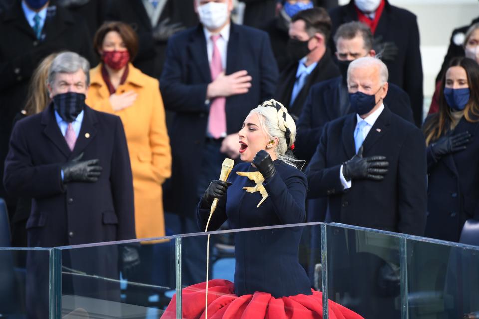 Lady Gaga performs the National Anthem during the 2021 Presidential Inauguration.