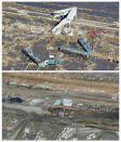The tsunami-devastated Shinchi town in Fukushima prefecture is seen in these images taken March 12, 2011 (top) and March 2, 2012, in this combination photo released by Kyodo on March 7, 2012, ahead of the one-year anniversary of the March 11 earthquake and tsunami. Mandatory Credit REUTERS/Kyodo