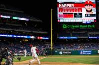 Apr 26, 2019; Philadelphia, PA, USA; Philadelphia Phillies right fielder Bryce Harper (3) hits a two RBI home run during the eighth inning against the Miami Marlins at Citizens Bank Park. Mandatory Credit: Bill Streicher-USA TODAY Sports