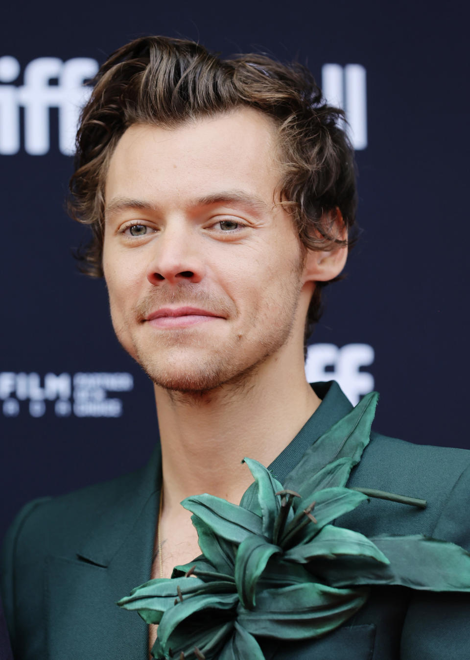 Close-up of Harry wearing a large corsage pin