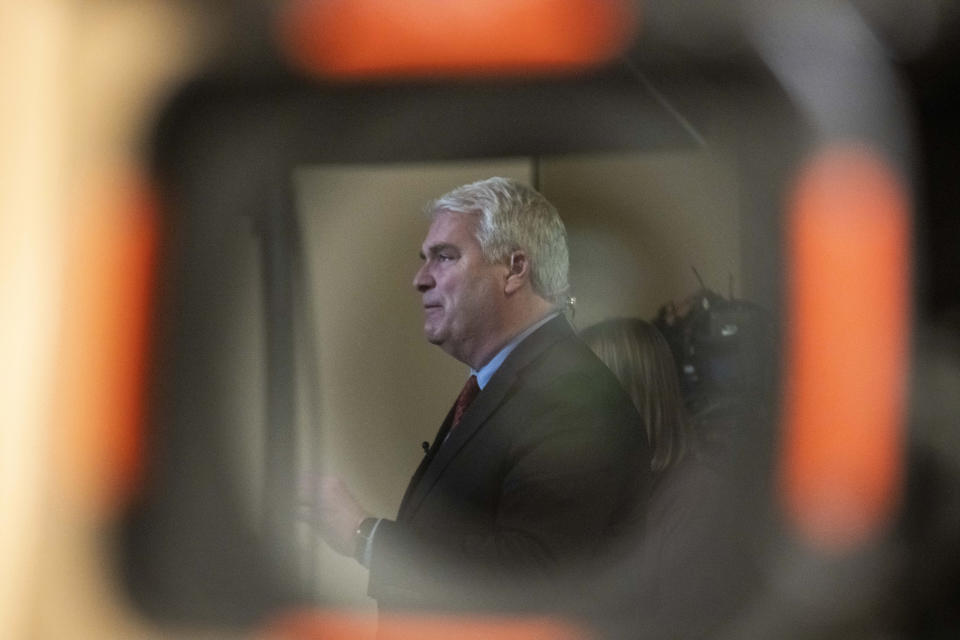 House Majority Whip Tom Emmer of Minn., is reflected in a television lens as he does an interview near the House floor on Capitol Hill, Tuesday, Jan. 10, 2023, in Washington. (AP Photo/Alex Brandon)