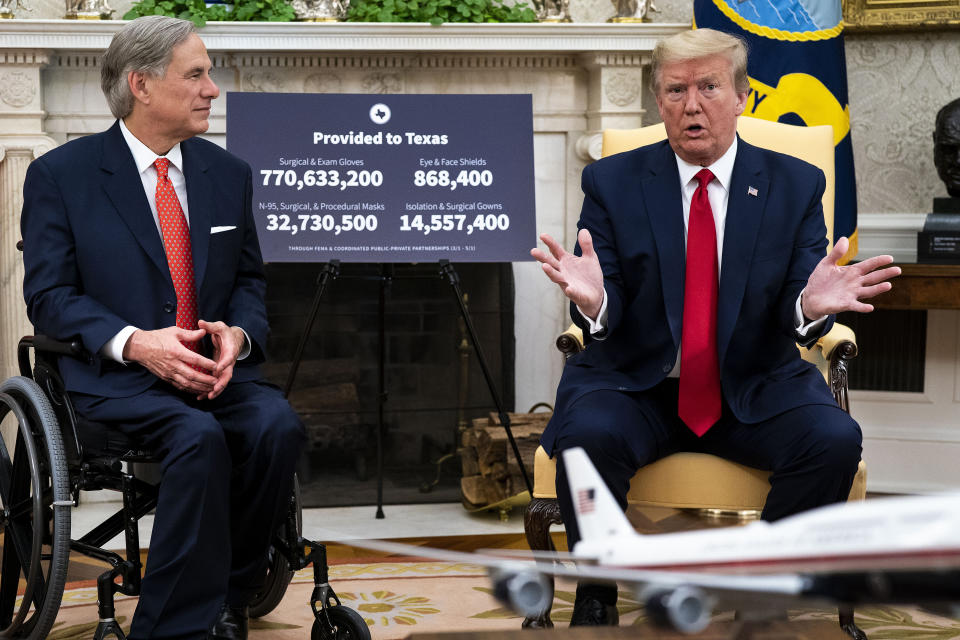 Texas Governor Greg Abbott and Trump. Abbot has similarly followed Trump's lead in largely ignoring the coronavirus until this month. (Photo: Pool via Getty Images)
