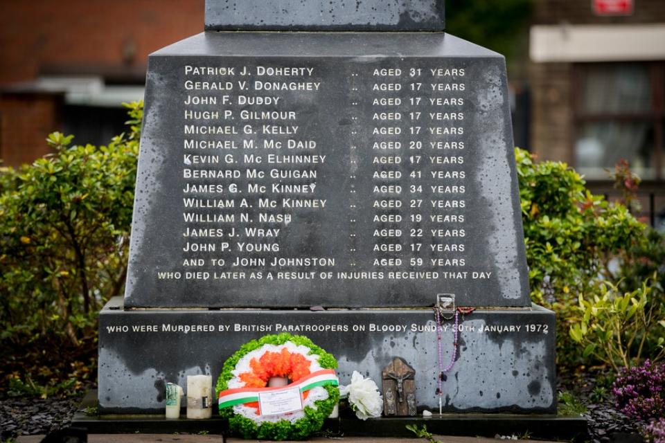 The Bloody Sunday Memorial in Derry’s Bogside with the names of those killed (Liam McBurney/PA) (PA Archive)