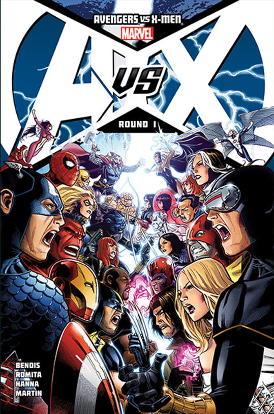 This comic book cover image released by Marvel Entertainment shows "Avengers Vs X-men #1." The publisher of Marvel Comics is focusing on its panoply of characters, enlisting writers, artists, editors and historians to build a sprawling digital and interactive timeline that showcases the famous, the infamous and the obscure heroes, and villains. The endeavor is part of Marvel’s celebration of its 75th anniversary to make people aware of more than marquee names like Captain America or Spider-Man, and to appeal to site visitors coming from the cinema or cataloging a comic collection in the basement. (AP Photo/Marvel Entertainment)