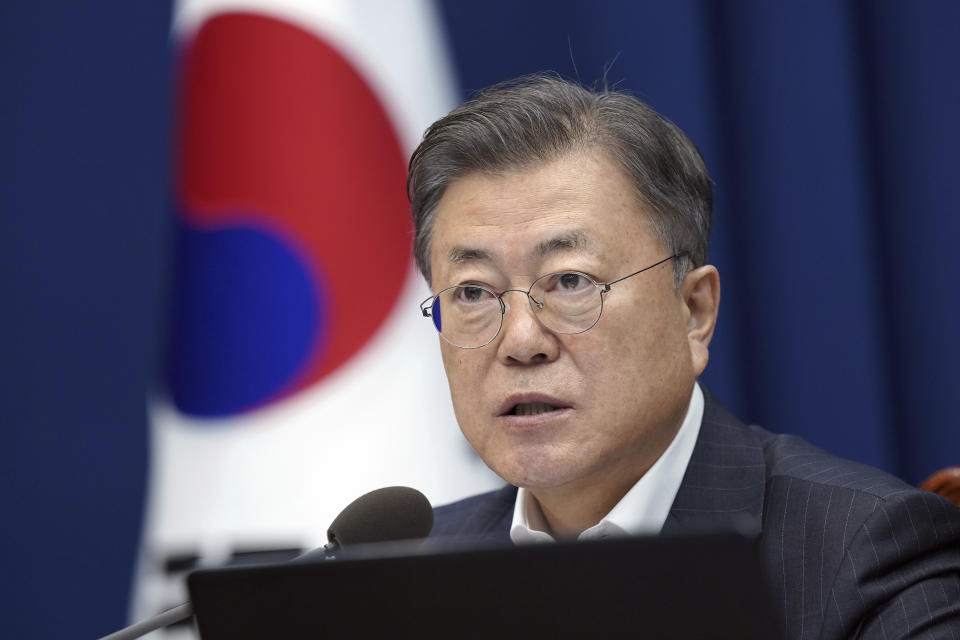 South Korean President Moon Jae-in speaks during a meeting of the National Security Council at the presidential Blue House in Seoul, South Korea, Tuesday, Feb. 22, 2022. South Korea's Foreign Ministry has issued "grave concern" over the Ukraine crisis and called for related nations to respect the Minsk agreement while finding a diplomatic solution. (Ahn Jung-hwan/Yonhap via AP)