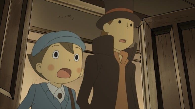 Professor Layton and a kid walk through a door