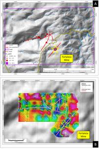 Map of gold results in veins collected during mapping and their possible projections (A), and Spontaneous potential anomaly map and associated vein projections (B).