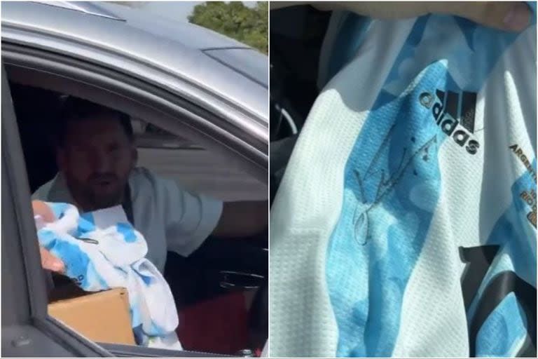 Un grupo de fanáticos se cruzaron a Messi, quien les firmó la camiseta de la selección argentina