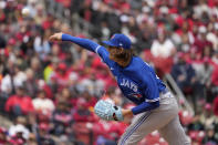 Toronto Blue Jays starting pitcher Kevin Gausman throws during the first inning of a baseball game against the St. Louis Cardinals Saturday, April 1, 2023, in St. Louis. (AP Photo/Jeff Roberson)