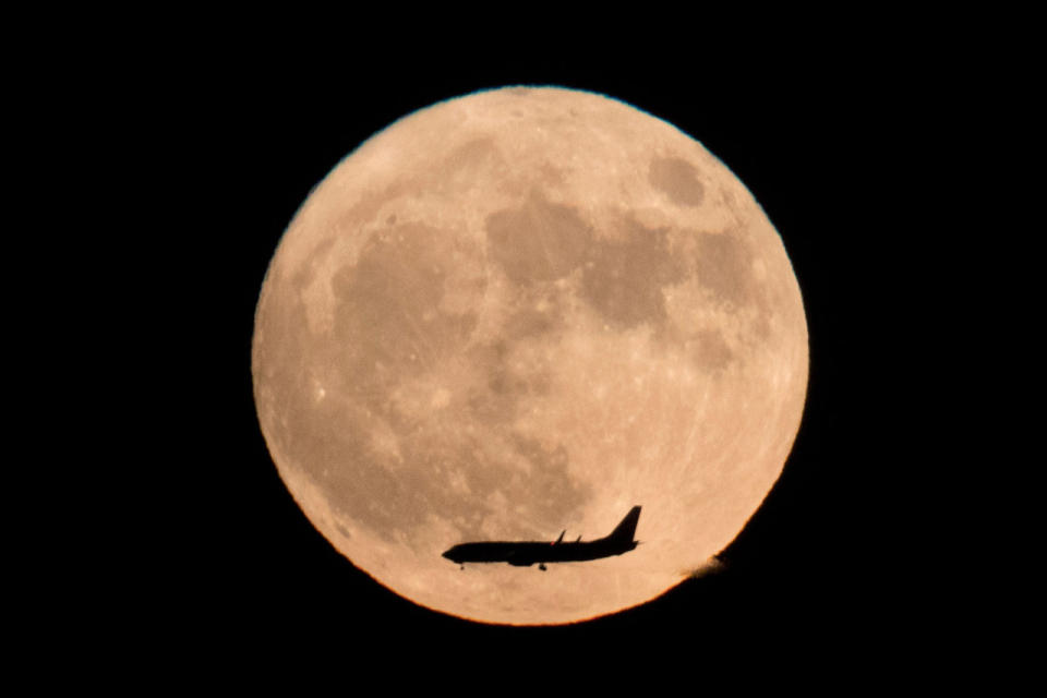 En 2034, la luna estará todavía más cerca de la Tierra, a sólo 221,485 millas. Un avión vuela frente a la luna en Beijing, China, este lunes 14 de noviembre de 2016. (AP Photo/Ng Han Guan)