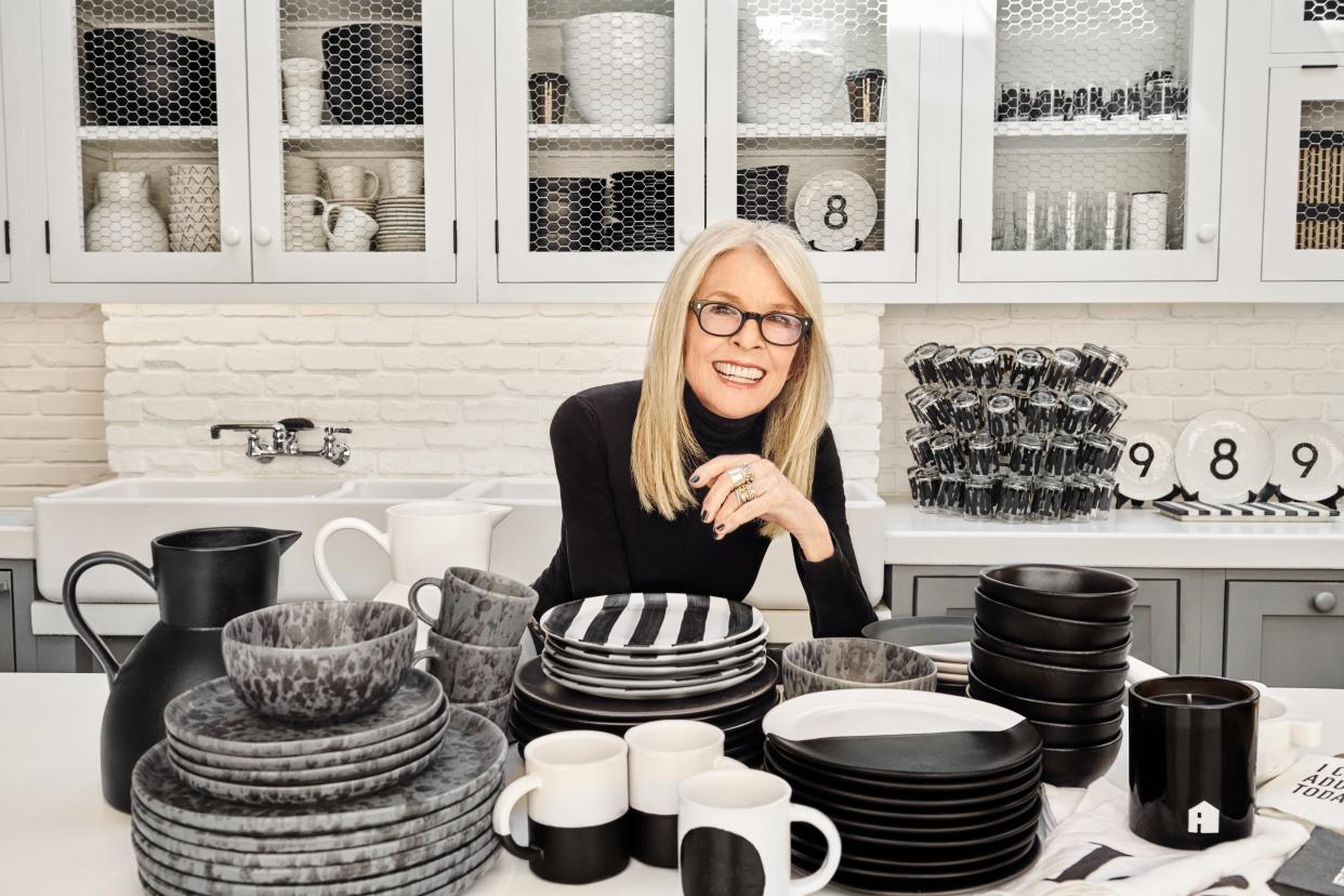 Diane Keaton in a kitchen with dishes from her collection with Hudson Grace 