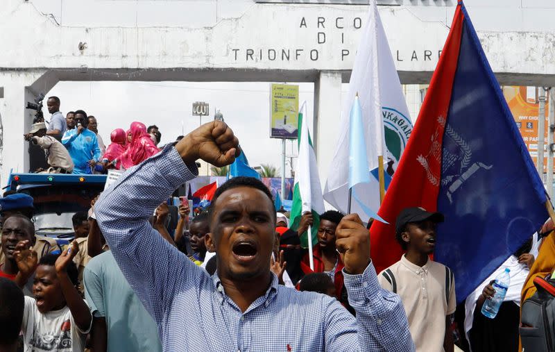 A Somali man reacts during a march against the Ethiopia-Somaliland port deal along KM4 street in Mogadishu
