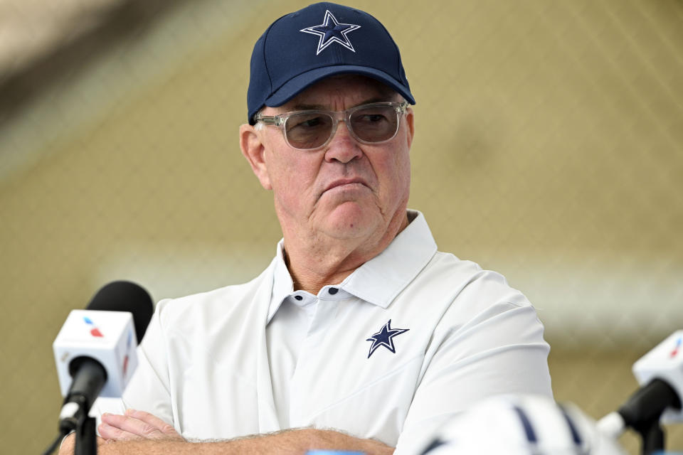 FILE -Stephen Jones, Dallas Cowboys executive vice president, looks on as head coach Mike McCarthy takes questions from the media at the start of NFL football training camp, Tuesday, July 26, 2022, in Oxnard, Calif. Offseason trades filled two needs for the Dallas Cowboys, who avoided new holes on defense by re-signing three starters. While the goal is always to enter the NFL draft without the burden of an overwhelming need, the Cowboys believe they're as well-positioned as at any point in a decade's worth of strong drafts. (AP Photo/Gus Ruelas, File)