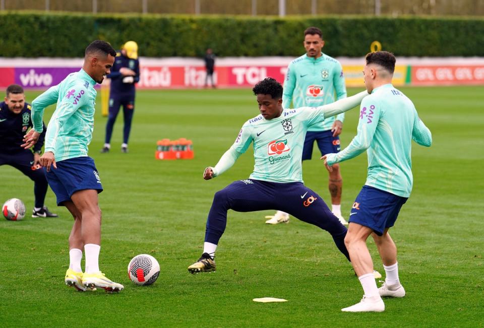 Endrick, centre, in training for Brazil this week (Jordan Pettitt/PA Wire)