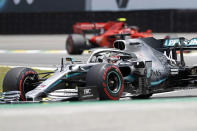 Mercedes driver Lewis Hamilton, of Britain, competes during the third free practice session for the Formula One Brazil Grand Prix auto race at the Interlagos race track in Sao Paulo, Brazil, Saturday, Nov. 16, 2019. (AP Photo/Nelson Antoine)