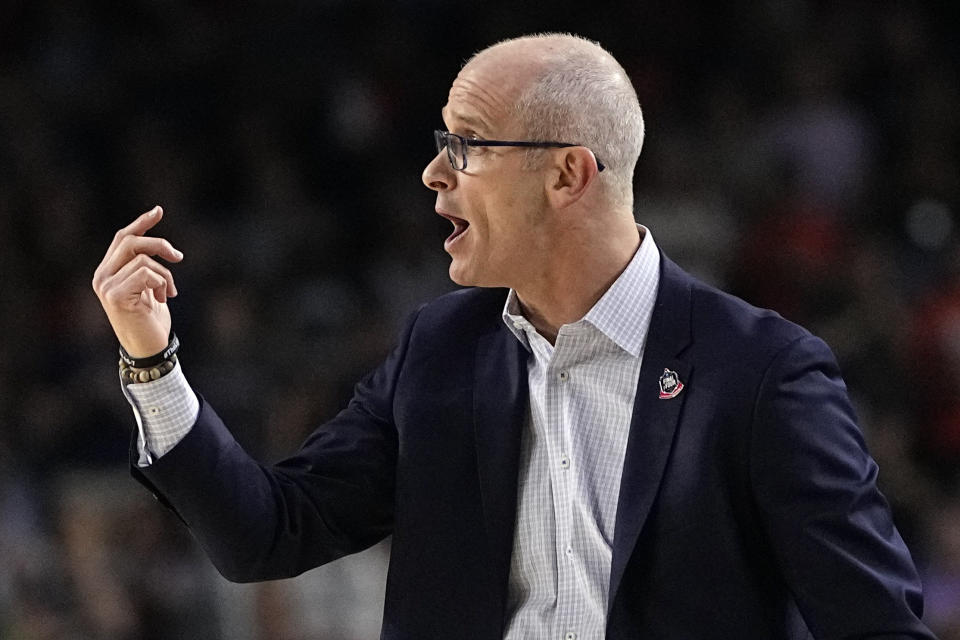 Connecticut head coach Dan Hurley yells during the first half of a Final Four college basketball game against Miami in the NCAA Tournament on Saturday, April 1, 2023, in Houston. (AP Photo/David J. Phillip)