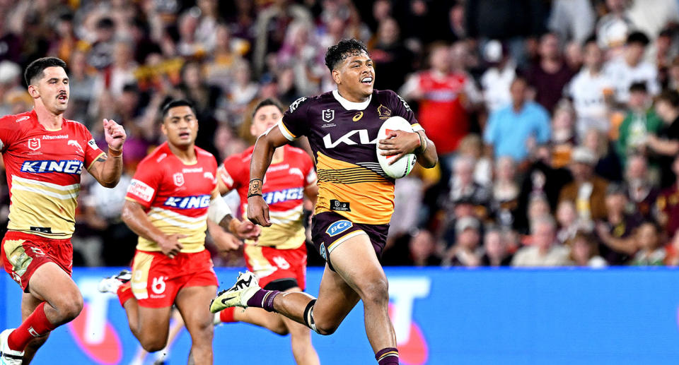 Seen here, Selwyn Cobbo racing away to score a try for Brisbane against the Dolphins in the NRL.