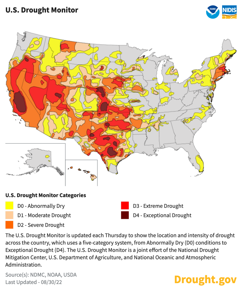 A U.S. government map of the U.S. from late August, 2022, showing extreme and exceptional drought conditions in the Western half of the country.<span class="copyright">Drought.gov</span>