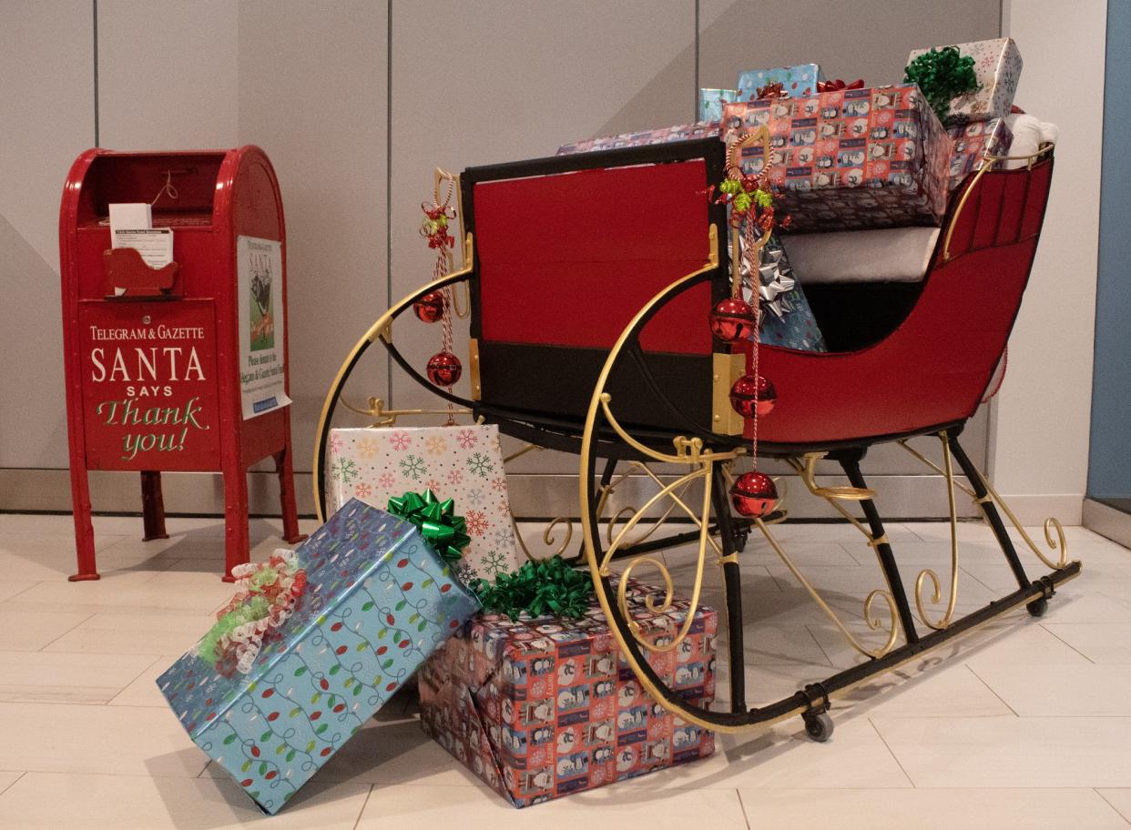The restored sleigh is on display during the holiday season in the lobby of the Mercantile Center at 100 Front St. in Worcester, the current home of the Telegram & Gazette.