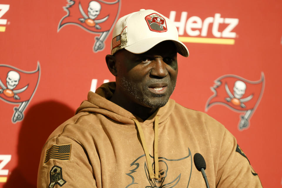 Tampa Bay Buccaneers head coach Todd Bowles speaks to reporters after an NFL football game against the San Francisco 49ers in Santa Clara, Calif., Sunday, Nov. 19, 2023. (AP Photo/Josie Lepe)