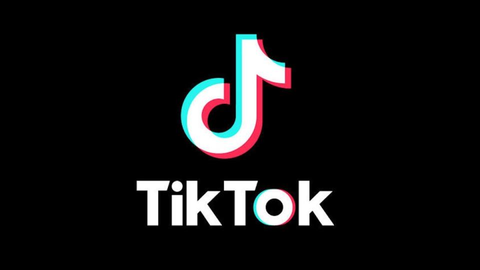 The white TikTok logo on a black screen with its name below