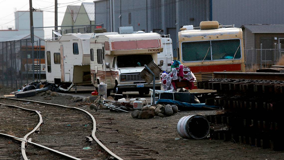 Apparent abandoned RV’s have become a likely homeless camp site on Railroad Avenue just east of North Fruitland Street in downtown Kennewick shown on Thursday February 23, 2023