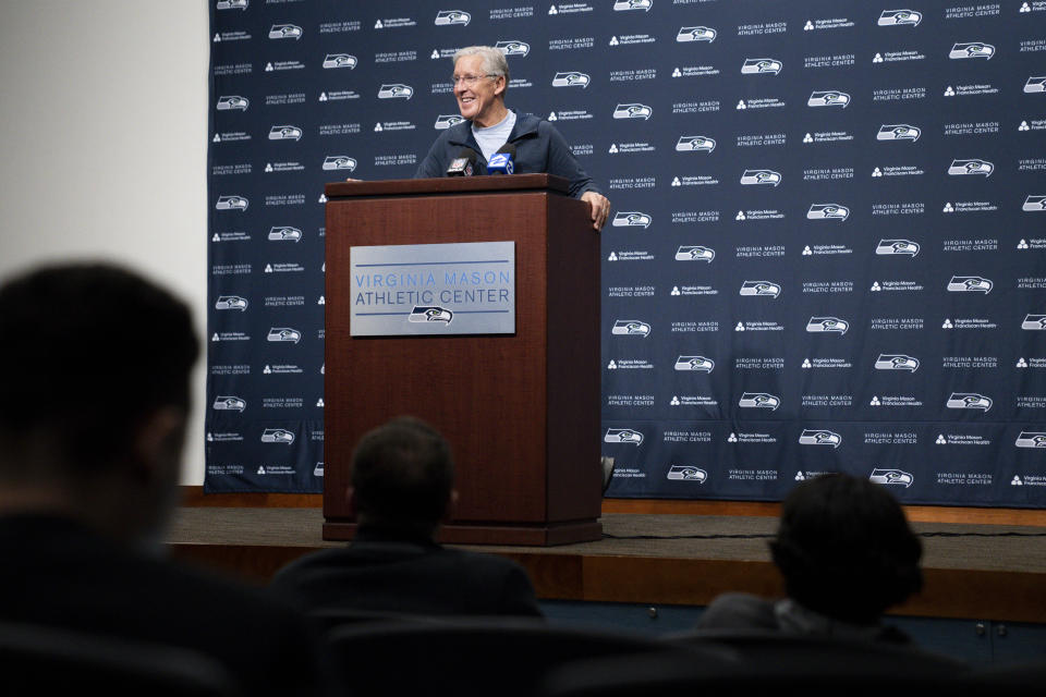 Former Seattle Seahawks head coach Pete Carroll smiles during a media availability after it was announced he will not return as head coach next season, Wednesday, Jan. 10, 2024, at the NFL football team's headquarters in Renton, Wash. Carroll will remain with the organization as an advisor. (AP Photo/Lindsey Wasson)