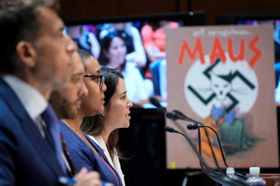 Sep 12, 2023; Washington, D.C., USA; Nicole Neily, President, Parents Defending Education from Arlington, VA, right, speaking during The Senate Judiciary committee hearing to examine book bans, focusing on how censorship limits liberty and literature on Sept.12, 2023 in Washington, D.C.. Mandatory Credit: Jack Gruber-USA TODAY